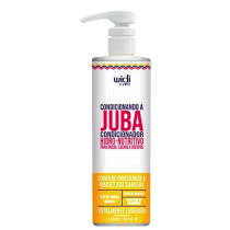 Para cabelos, cacheados e crespos. Embalagem plástica branca com bomba dosadora. Rótulo com texto em letras vermelhas grandes e detalhes em amarelo. Listras onduladas coloridas na parte superior. Tamanho de 500ml indicado na embalagem.