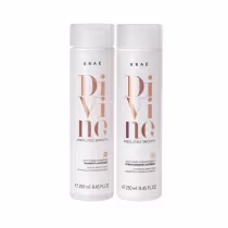 Shampoo e condicionador Divine Braé, embalagens cilíndricas na cor branca.