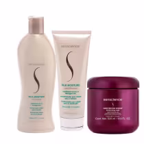 Um frasco de shampoo, um tubo de condicionador e um pote de máscara capilar.