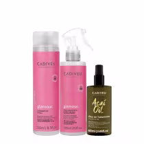 Três produtos da marca Cadiveu Professional: um shampoo Glamour de 250ml, um leave-in Glamour de 200ml e um óleo de tratamento Açaí de 60ml.