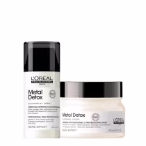 Dois produtos de tratamento capilar da linha Metal Detox da L'Oréal Professionnel. Um é um creme contendo glucoamina e ionene, com a função de proteção anti-frizz e prevenção de danos. O outro produto é uma máscara capilar.