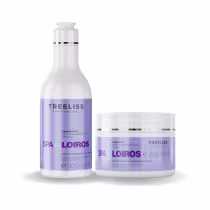 Shampoo e máscara capilar da linha Spa dos Loiros da marca TreeLiss Profissional. O shampoo vem em um frasco de 300ml. A máscara está em um pote de 250g com tampa branca e detalhes pretos.