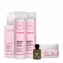 Produtos de cabelo da marca Cadiveu Professional, incluindo creme de proteína de quartzo, shampoo e condicionador Quartzo Shine, óleo de tratamento Açaí Oil e máscara Quartzo Shine, em embalagens plásticas e de vidro com rótulos em tons de rosa e dourado.
