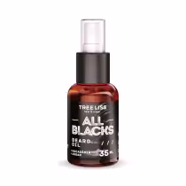 Produto de beleza para barba da marca TreeLiss Professional. Embalagem com rótulo preto e detalhes em amarelo. Rótulo indica que é um óleo para barba chamado "All Blacks", contendo macadâmia e argan. Volume de 35ml indicado na embalagem.