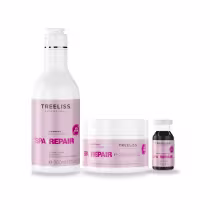 Shampoo 300ml com embalagem em garrafa branca e rótulo rosa, máscara 250g com pote branco e rótulo rosa, ampola 13ml transparente com rótulo rosa.