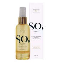 Frasco de óleo de massagem corporal da linha "So, Flirty" da marca Sophie, com rótulo em branco e preto destacando o nome do produto. Embalagem dourada com tampa transparente, contendo 100 ml do produto.