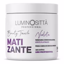 Matizante violeta da marca Luminosittà. Sua embalagem é branca, com detalhes em violeta. Também é destacado que é um uso profissional e que não contém amônia em sua fórmula.