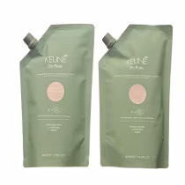 São produtos de cuidados capilares da marca Keune, da linha So Pure. Há duas embalagens flexíveis de plástico reduzido em forma de sachês, com 400ml cada.