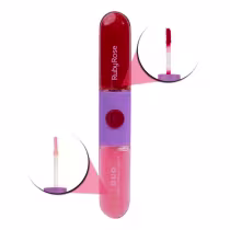 Batom duo em embalagem cilíndrica. Na parte superior um batom líquido em tom vermelho. Na parte debaixo um gloss. Tanto o batom quanto o gloss possuem aplicador típico de batons líquidos.