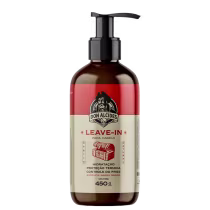 Frasco de leave-in da marca Don Alcides, com design em vermelho e preto, contendo 450g do produto. O rótulo destaca os benefícios de hidratação, proteção térmica e controle do frizz para o cabelo.