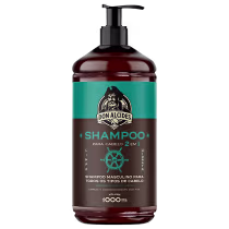 Frasco de shampoo masculino da marca Don Alcides, com 1000 ml de volume. O rótulo apresenta uma ilustração de um pirata e informações sobre o produto, com destaque para a indicação "Shampoo para cabelo 2 em 1".