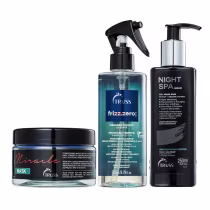 Três produtos da marca Truss: máscara condicionadora Miracle, frasco spray Frizz.Zero e frasco de sérum Night Spa, com embalagens pretas e azuis, apresentando informações sobre os benefícios e ingredientes dos produtos.