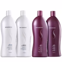 A imagem mostra quatro frascos de produtos para cabelo. Dois frascos são brancos e contêm shampoo e condicionador da linha "Balance". Os outros dois frascos são vinho e contêm os produtos da linha "C.P.R".