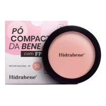 Pó compacto da marca Hidrabene com FPS 50, embalado em uma caixa rosa e um recipiente preto redondo. O produto é descrito como um protetor solar facial.