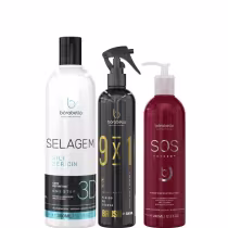 Kit com progressiva Selagem 3D, leave-in 9x1 Brush e máscara capilar SOS Extreme, da marca Borabella.