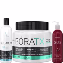 Kit com progressiva selagem 3D, máscara de realinhamento BóraTX e máscara capilar SOS Extreme, da marca Borabella.