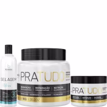Kit com progressiva selagem 3D e máscaras capilares Pra Tudo, da marca Borabella.
