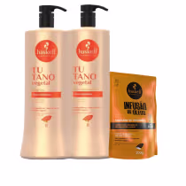Com shampoo e condicionador Tutano da marca Haskell. Acompanha um sachê de máscara Infusão de Óleos.