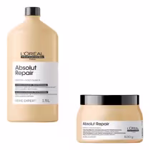 O produto apresentado é uma linha de tratamento capilar profissional da L'Oréal Professionnel chamada Absolut Repair. Consiste em um frasco de Condicionador de 1,5 litros na cor bege claro com detalhes pretos, e um pote de Máscara Capilar de 500g.