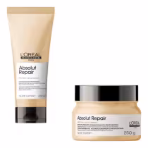 Há dois itens visíveis: um frasco de condicionador com 200ml e um pote de tratamento com 250g. Ambos possuem embalagens com cores neutras, predominantemente bege e dourado, com o nome da linha "Absolut Repair" e a marca L'Oréal Professionnel destacados.