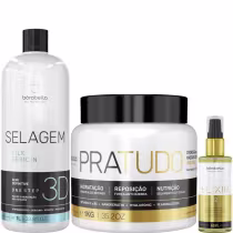 Kit com escova progressiva Selagem 3D, máscara Pra Tudo e óleo capilar Elixir, da marca Borabella.