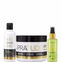 Kit com redutor de volume Não Chore Mais, máscara Pra Tudo e reparador de pontas, da marca Borabella.