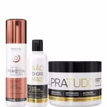 Kit com escova progressiva Perfecta, máscara Pra Tudo e redutor de volume Não Chore Mais, da marca Borabella.