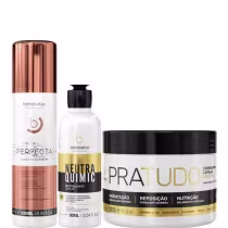 Kit com escova progressiva Perfecta, máscara Pra Tudo e neutralizante capilar NeutraQuimic, da marca Borabella.