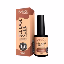 Gel base nude da marca Beltrat, em embalagem de 10 mL, com rótulo em cores marrom e bege, destacando as propriedades de maior aderência e baixa viscosidade do produto.