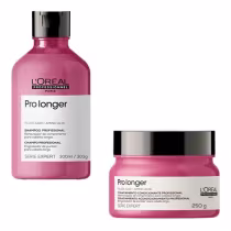 A imagem mostra dois produtos de cuidados capilares da linha L'Oréal Professionnel Prolonger. Um é um shampoo profissional em um frasco plástico rosa de 300ml. O outro é um tratamento condicionante profissional em um pote rosa de 250g.