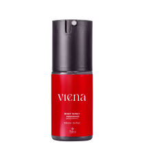 Body spray desodorante Viena, da marca Thera Cosméticos. Embalagem cilíndrica na cor vermelha vibrante e parte superior em preto.
