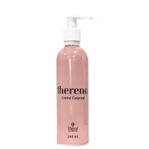 Creme corporal Therena em frasco plástico rosa de 240ml. O frasco tem uma bomba dosadora branca. Nome do produto "Therena Creme Corporal" e a marca "Thera" com letras pretas.
