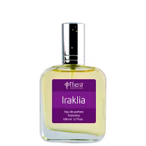 Perfume feminino Iraklia da marca Thera Cosméticos. Frasco de vidro transparente com líquido amarelo claro. Tampa cromada. Rótulo roxo com o nome do produto "Iraklia" e informações como "Eau de parfum Feminino" e volume de 100 ml.