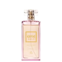Perfume feminino em frasco retangular de vidro transparente com líquido rosa claro. Embalagem com tampa quadrada transparente. Nome "Effie Gold" em letras maiúsculas e texto "Deo Colonia Feminino" abaixo. Apresenta o logotipo "Thera" na parte inferior.