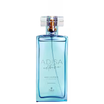Perfume feminino Adisa Extreme da marca Thera. Frasco retangular de vidro transparente com líquido azulado e tampa quadrada transparente. Aparece o nome do produto "Adisa Extreme Deo Colônia Feminino" e informações como volume de 100ml