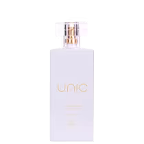 Perfume em frasco retangular de vidro branco fosco. Traz o nome "Unic" em letras douradas maiúsculas. Abaixo, texto "Deo Colônia Feminino" em letras menores. Na parte inferior, logotipo "Thera" em dourado.
