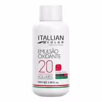 Emulsão oxidante para coloração de cabelos da marca Itallian Color Professional. Frasco plástico branco opaco com rótulo contendo o nome do produto, volume de 100ml (3.38 fl. oz.), indicação de 20 volumes e 6% de água oxigenada estabilizada.