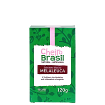 Sabonete da marca Cheiro Brasil de 120g. Embalagem retangular com estampas de folhagens. Descrição em indicando que é um sabonete natural, artesanal e vegano com propriedades antissépticas, anti-inflamatórias e fungicidas.