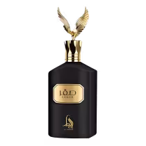 Frasco de perfume preto e dourado da marca Al Absar, com tampa em formato de asa dourada. Rótulo dourado com o nome do perfume Saqar em destaque.