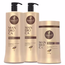 Kit com shampoo, condicionador e máscara Mandioca da marca Haskell.