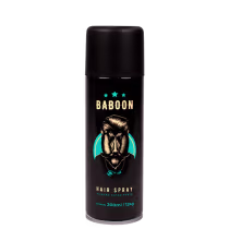 Embalagem preta com imagem de um babuíno estilizado em tons de amarelo e azul turquesa. Texto "Baboon" e "Hair Spray" em letras grandes, indicando que é um spray fixador para cabelo. Informações adicionais como "Fixação Extra Forte" e conteúdo de 200ml