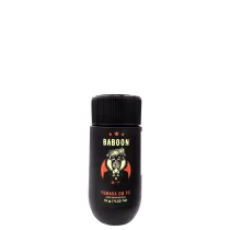 Pomada em pó da marca Baboon. Rótulo preto com imagem de um babuíno estilizado em branco e detalhes em vermelho. Texto "Baboon" em letras douradas, com três estrelas douradas. Informações do produto "Pomada em Pó" e peso líquido "15g / 0.53oz"