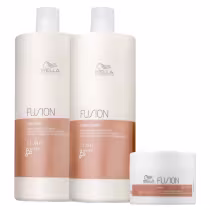 A imagem mostra dois frascos plásticos brancos de 1 litro cada, um para shampoo e outro para condicionador, com detalhes em laranja. Também há uma embalagem plástica branca de 150ml para uma máscara capilar.