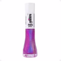 Frasco de esmalte glitter da marca HITS. O frasco é transparente, permitindo ver o esmalte com brilhos holográficos em tons de roxo e azul. O rótulo branco na parte superior exibe o logotipo e nome da marca "glitter" em letras pretas.