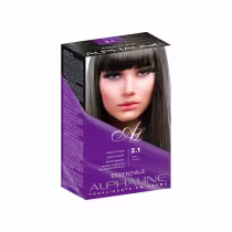 Caixa de tinta para cabelo Essenziale Alphaline, tonalizante em creme. A embalagem é uma caixa retangular de cor roxa escura com detalhes em branco. Há uma imagem de uma modelo com cabelos pretos. O texto na caixa indica que é o tom 2.1 Preto Azulado