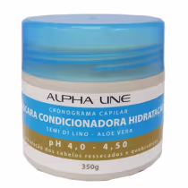 Produto de tratamento capilar da linha Alpha Line. Embalagem plástica azul translúcida com rótulo branco e marrom. Peso de 350g. Cores predominantes azul, branco e marrom.