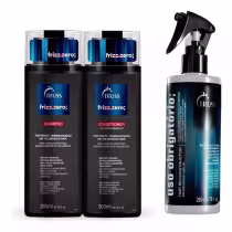 A imagem mostra uma linha de produtos para cabelos volumosos ou frizados da marca Truss, chamada "Frizz Zero". Além disso, o kit acompanha outro produto, "Uso Obrigatório", da mesma marca.