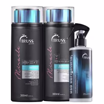 A imagem mostra três produtos da marca TRUSS, com dois frascos pretos de shampoo e condicionador da linha Miracle, com detalhes em azul e rosa claro, e do lado direito, um borrifador plástico preto com fundo azulado.