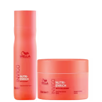 Frasco de shampoo com o logotipo da Wella e o nome "Nutri-Enrich with Goji Berry" impresso. Também há uma máscara capilar na mesma cor laranja.