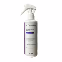 Produto de cuidado capilar da marca Alpha Line. Embalagem branca com spray borrifador. Rótulo roxo com texto descrevendo o produto como "Máscara Capilar Líquida" para hidratação profunda, condicionamento instantâneo e brilho intenso. Frasco de 180ml.